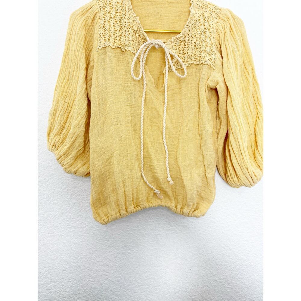 Jen’s Pirate Booty Yellow Tie Front Puff Sleeve Top Size Small Peasant Boho - Picture 7 of 10